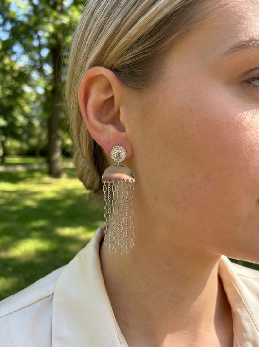 Boucles d'Oreilles Plaques Demi-Rondes Avec Chaînes