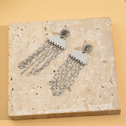 Boucles d'Oreilles Argentées Plaques Demi-Rondes Avec Chaînes