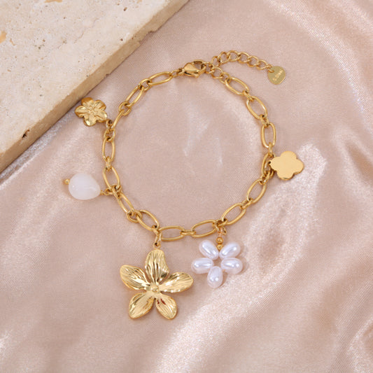 Bracelet Doré Chaîne Charms Fleurs Et Perles Fantaisie