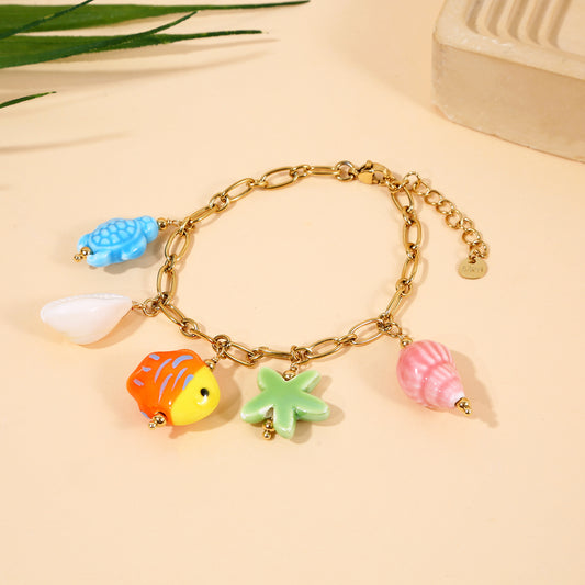 Bracelet Chaîne Dorée Charms Océaniques en Céramique Colorée