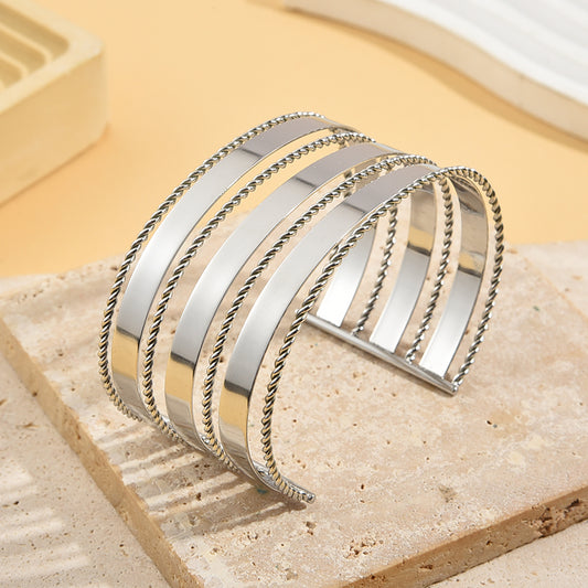 Bracelet Argenté Manchette Ouverte En Multi Bandes Et Lignes Torsadées