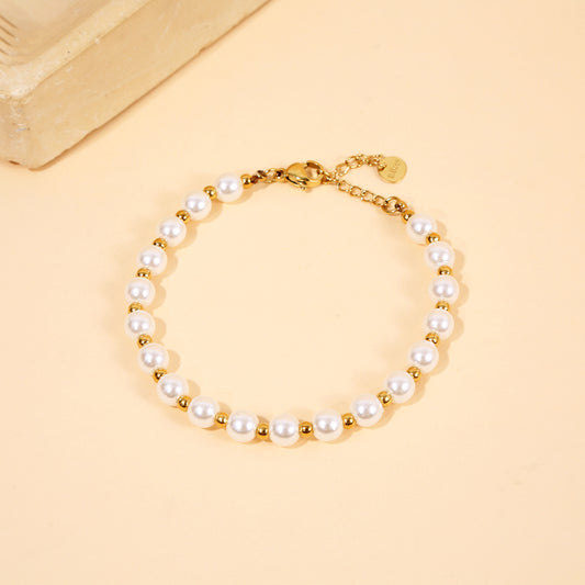 Bracelet En Perles Blanches Et Perles Dorées