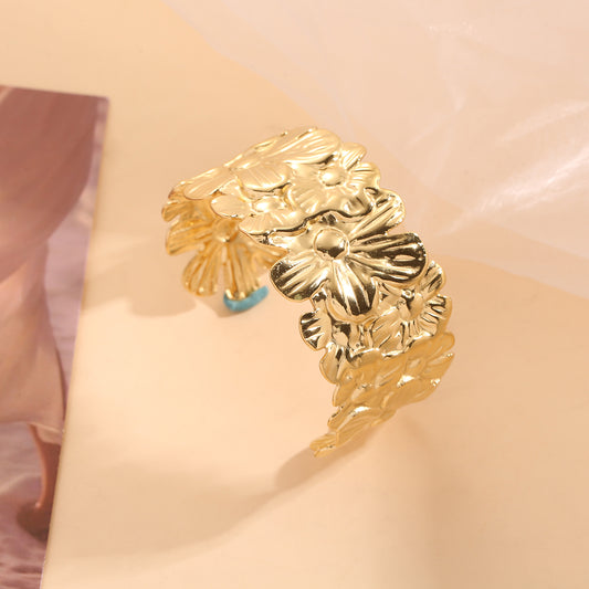 Bracelet Doré Manchette Ouverte Brillante Motif Floral