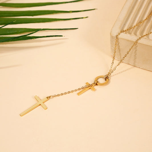 Collier Chaîne Y Dorée Double Croix Spirituelle