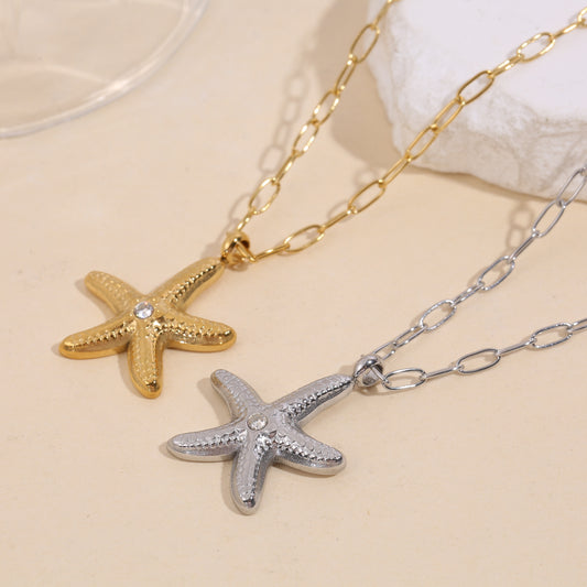 Collier chaîne argentée maillons étoile de mer avec strass
