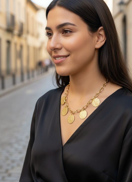 Collier Chaîne Dorée Grands Médaillons Martelés