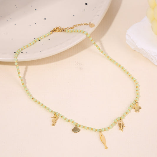 Collier Chaîne Pierres Naturelles Vertes Avec Breloques Thème Océan