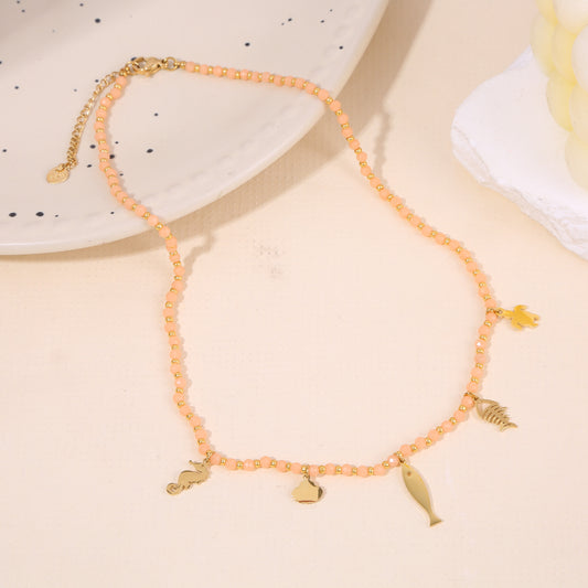 Collier Chaîne Pierres Naturelles Saumon Avec Breloques Thème Océan