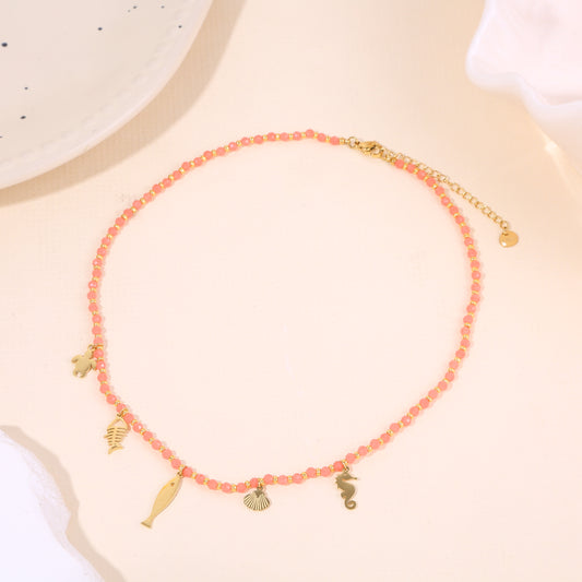 Collier Chaîne Pierres Naturelles Rose Avec Breloques Thème Océan