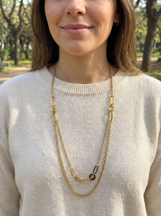 Collier sautoir multi-rangs à maillons variés chaînes fines, maille gourmette grands maillons ovales