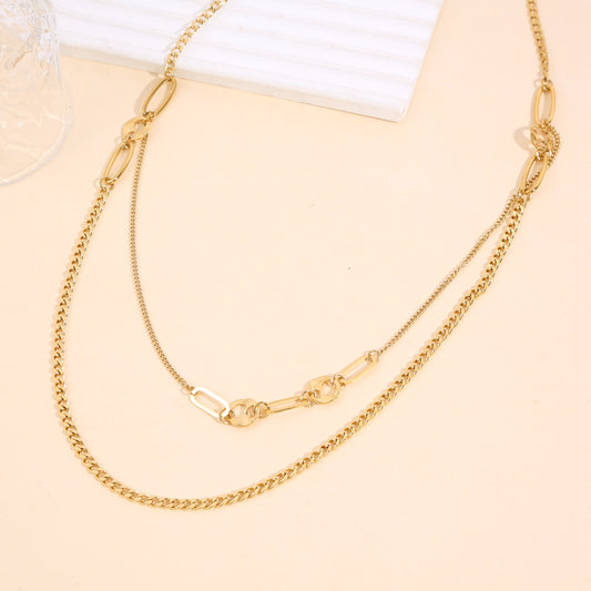 Collier sautoir doré multi-rangs à maillons variés chaînes fines, maille gourmette grands maillons ovales