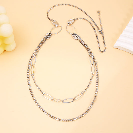 Collier Double Chaîne Sautoir Argentée Maillons Brillants Et Aériens