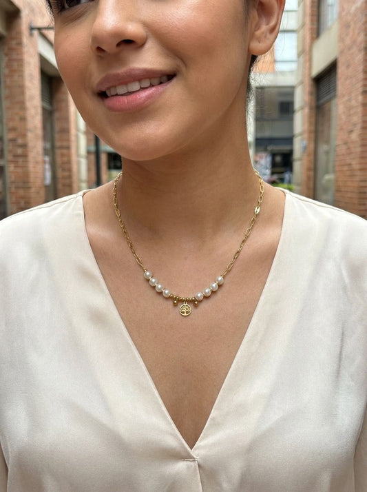 Collier Chaîne À Maillon Fine Dorée Avec Perles Blanches Et Pendentif Arbre De Vie
