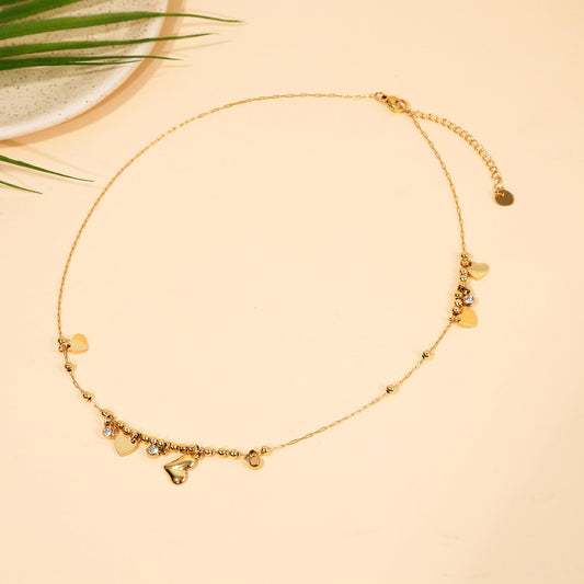Collier Chaîne Fine Dorée Cœurs Brillants Et Perles Strass