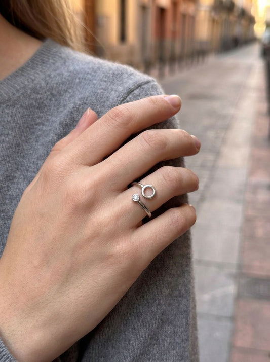 Bague argentée ajustable duo cercle avec strass