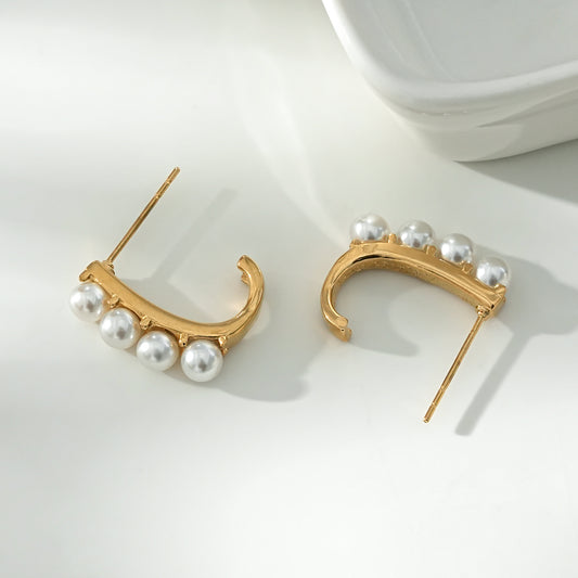 Boucles d'Oreilles Dorées Crochets Ornés de Perles