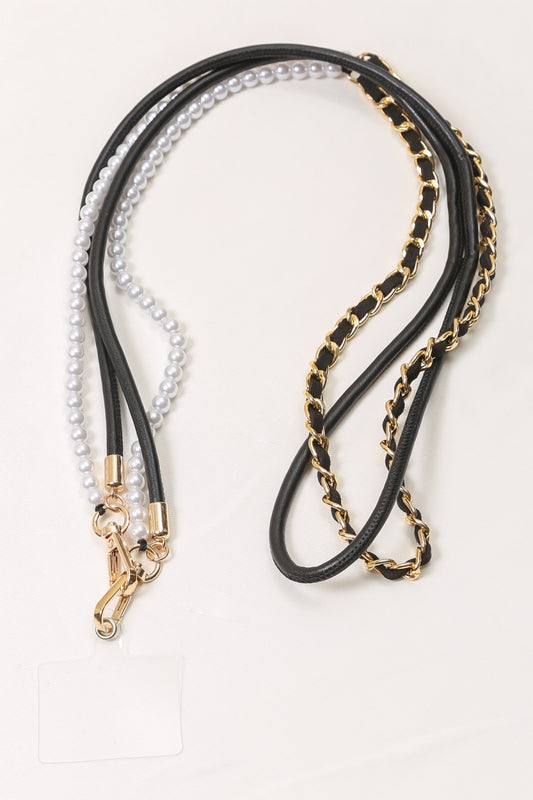 Bandoulière double chaîne perles pour téléphone avec bout en caoutchouc à mettre dans une coque