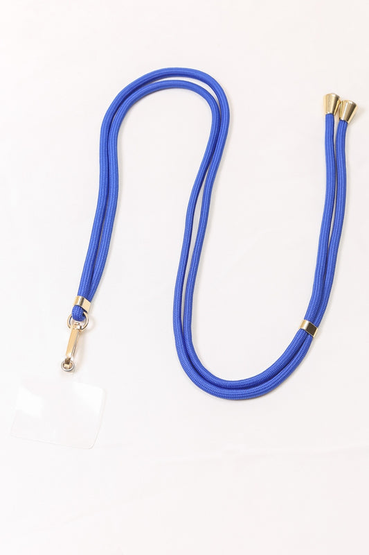 Bandoulière chaîne bleue électrique pour téléphone avec bout en caoutchouc à mettre dans une coque