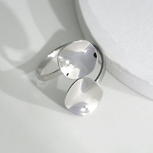 Bague argentée ajustable double formes arrondies lisses