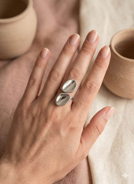 Bague argentée ajustable double formes arrondies lisses