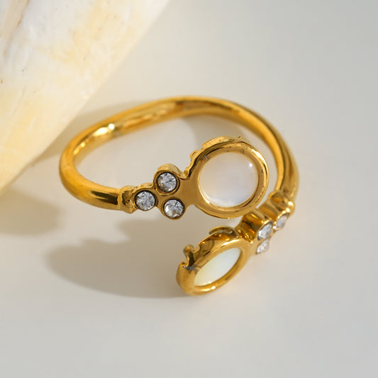 Bague Dorée Ajustable Pierres Nacre Blanche Et Petits Strass