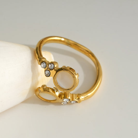 Bague Dorée Ajustable Pierres Nacre Blanche Et Petits Strass