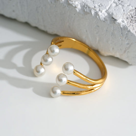 Bague Dorée Ouverte Pointes En Triple Branches Avec Perles