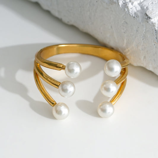 Bague Dorée Ouverte Pointes En Triple Branches Avec Perles