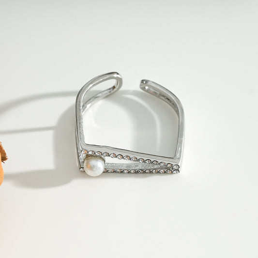 Bague Argentée Ouverte Strass Avec Perle
