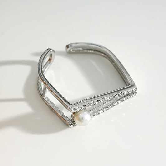 Bague Argentée Ouverte Strass Avec Perle