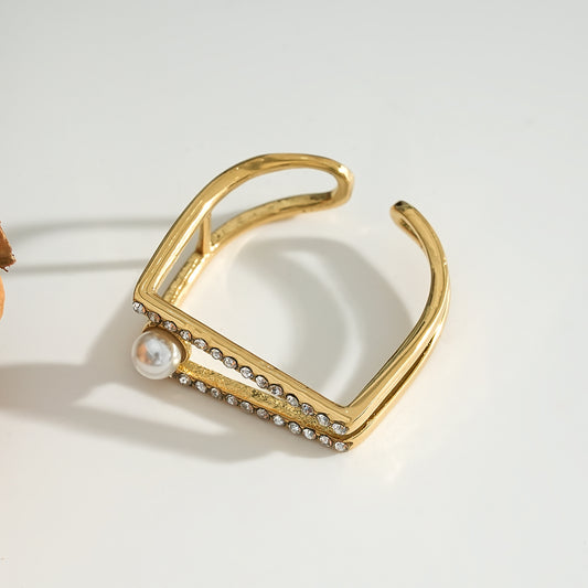 Bague Dorée Ouverte Strass Avec Perle