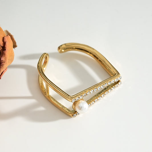 Bague Dorée Ouverte Strass Avec Perle