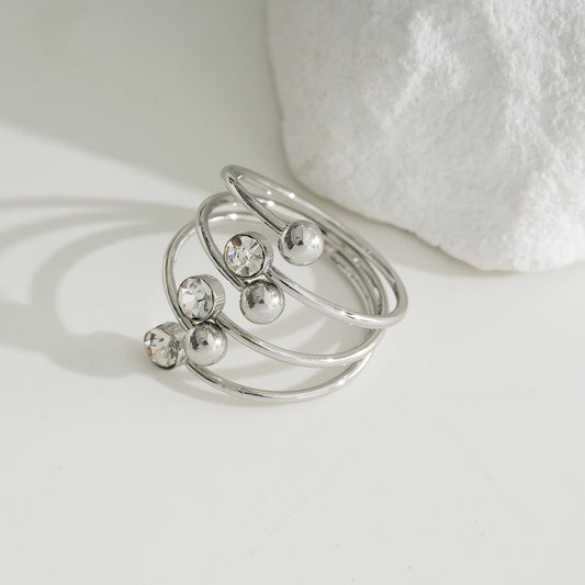 Bague Argentée Multi Lignes Pointes En Boules Et Strass