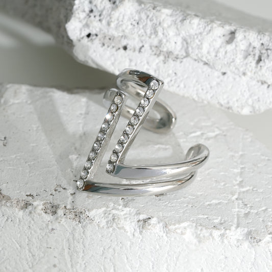 Bague Argentée Ouverte Double Zigzags Incrustés de Strass