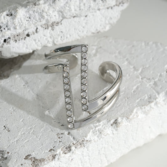 Bague Argentée Ouverte Double Zigzags Incrustés de Strass