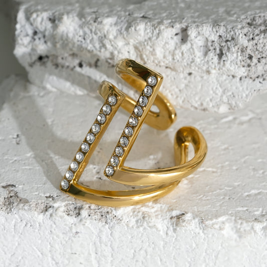 Bague Dorée Ouverte Double Zigzags Incrustés de Strass