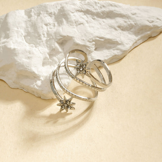 Bague Argentée Quadruple Ligne Double Etoile