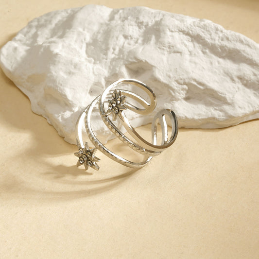 Bague Argentée Quadruple Ligne Double Etoile