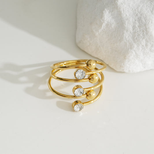 Bague Dorée Multi Lignes Pointes En Boules Et Strass