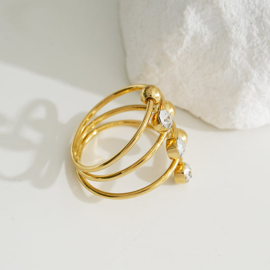 Bague Dorée Multi Lignes Pointes En Boules Et Strass