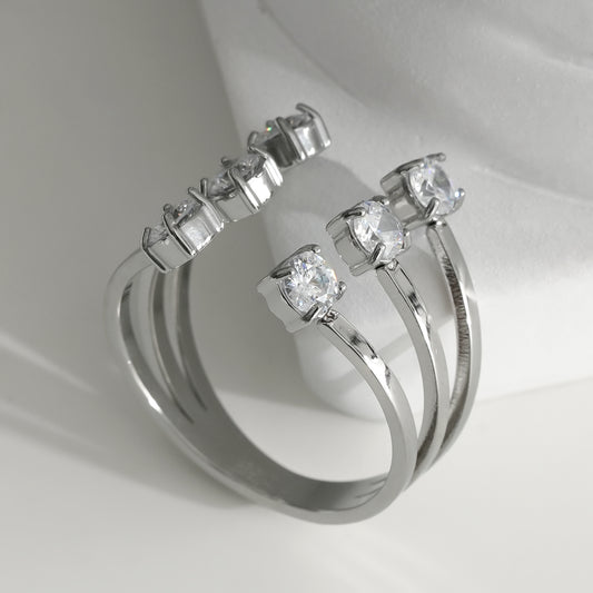 Bague Argentée Ouverte Pointes En Triple Branches Avec Strass
