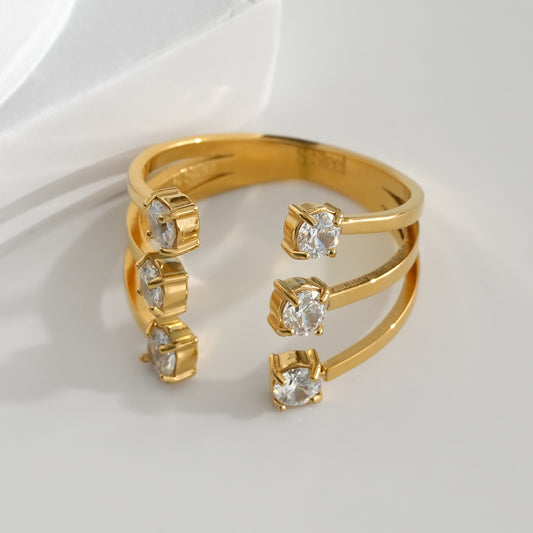 Bague Dorée Ouverte Pointes En Triple Branches Avec Strass