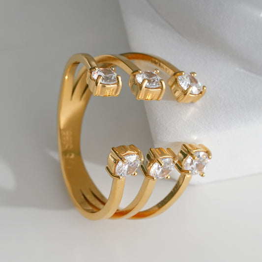 Bague Dorée Ouverte Pointes En Triple Branches Avec Strass