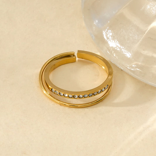 Bague Dorée Double Anneaux Simple Et Strass