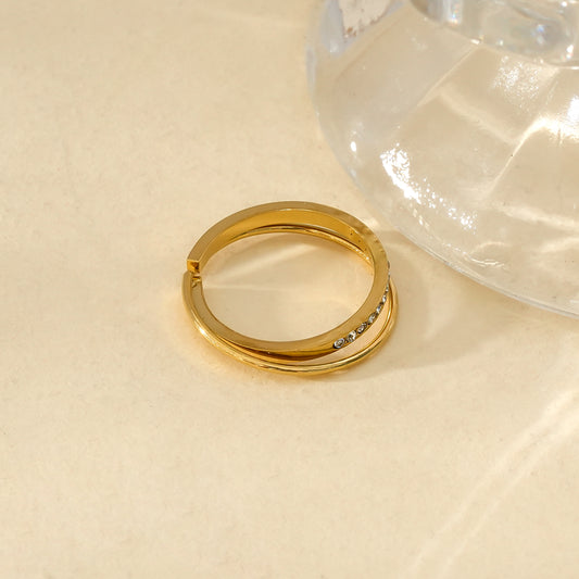 Bague Dorée Double Anneaux Simple Et Strass