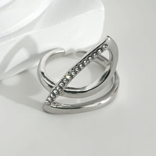 Bague Argentée Ajustable Fil Spirale et Zigzag Incrusté de Strass