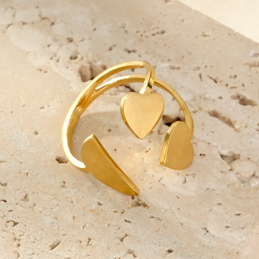 Bague Dorée Plaques Irrégulières et Cœurs Ouverture