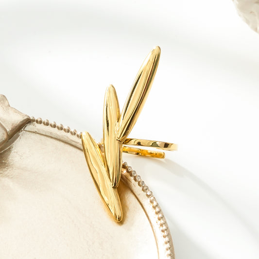 Bague Dorée Ajustable Triple Feuilles Longues Epaisses