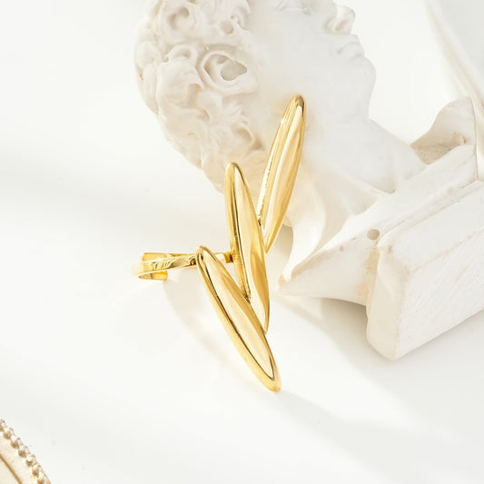 Bague Dorée Ajustable Triple Feuilles Longues Epaisses