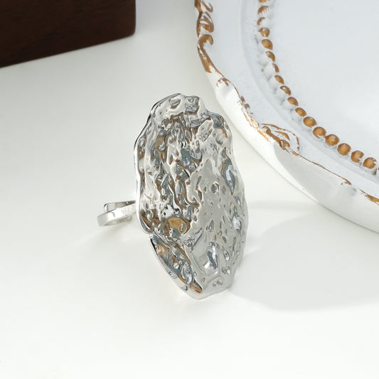 Bague Argentée Ajustable Disque Ovale Martelé